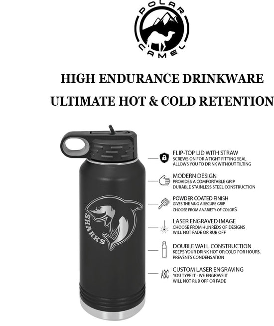 20 oz black Polar Camel water bottle with custom engraved logo