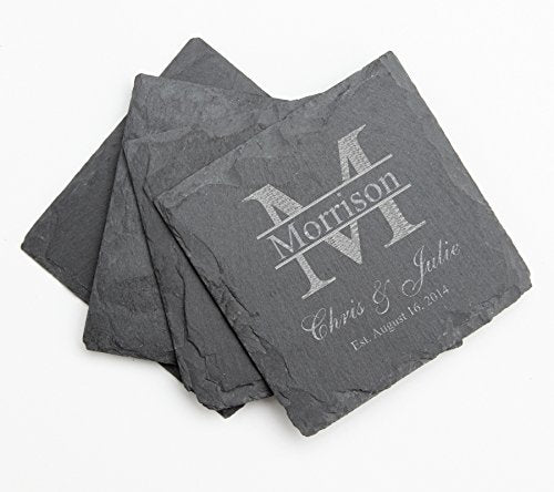 4 Pack Of Square Personalized Slate Coasters | Wedding Gift | Housewarming Party | Wedding Favor | New Home Gift | Engagement Gift | Custom Closing Gift